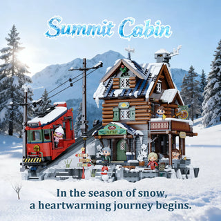 Winter alpine scene with log cabin, red train, snow-covered mountains, evergreen trees, and figurines in snowy landscape.