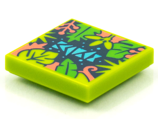Tile 2 x 2 with Groove with BeatBit Album Cover - Coral, Lime and Bright Gren Tree Leaves Pattern, 3068bpb1581e  LEGO®   