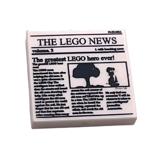Tile 2x2 with Newspaper 'THE LEGO® News', 'volume 3', and 'The greatest LEGO® hero ever!' Pattern, Part# 3068pb0431 Part LEGO® White