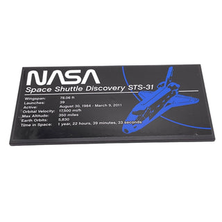 Tile 8x16 with Bottom Tubes, Textured Surface with Space Shuttle Discovery STS-31 Pattern (Sticker), Part# 90498pb52 Part LEGO® Black Very Good