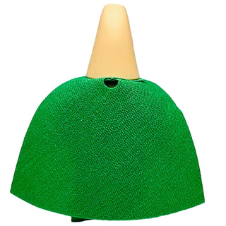 LEGO minifigure head with tan cone-shaped hat and green fabric superhero cape with heart cutout.