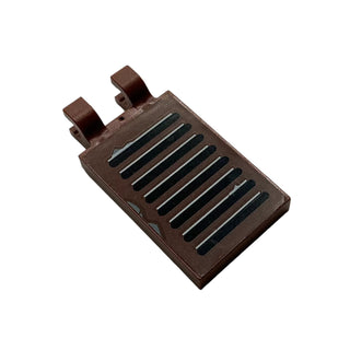 Tile, Modified 2 x 3 with 2 U Clips with Shutter Pattern (Sticker), Part# 30350cpb005 Part LEGO® Reddish Brown Very Good