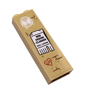 Brick 1 x 2 x 5 with White Spider-Man Mask Graffiti, Paper Advertisement, Red 'Lizz' in Heart Pattern (Sticker), Part# 2454pb180 Part LEGO® Tan Very Good