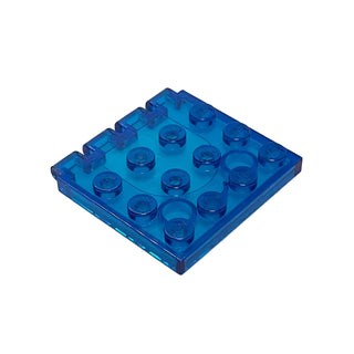 Translucent blue 4x4 hinge plate with studs and post connector detail visible on top surface.