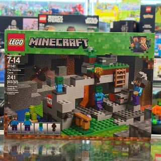LEGO Minecraft set 21141 with pixelated cave structure, minifigures, and accessories on display box.