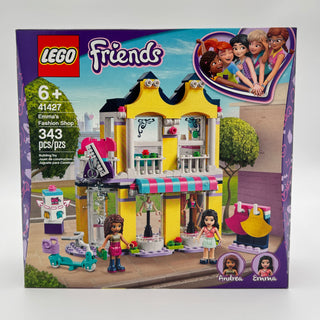 LEGO Friends Emma's Fashion Shop set 41427 with yellow building, minifigures, and accessories.