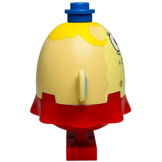 LEGO minifigure with yellow pufferfish body, red skirt, blue hat, and printed facial features.