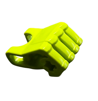 Bright yellow-green plastic fist with four extended fingers and axle hole connection port.