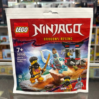 LEGO Ninjago Dragons Rising set 30700 with Arin minifigure, dragon, and battle structure in polybag packaging.