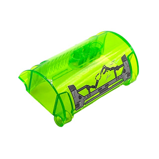 Cylinder Half 3 x 5 x 8 with Pin Holes with 'LOCK', 'OPEN' and Mechanical Arms (Right Arm Up) Pattern (Sticker), Part# 15361pb001 Part LEGO® Trans-Bright Green Very Good