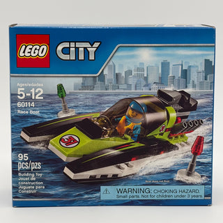 LEGO City Race Boat set 60114 box showing lime-green and black speedboat with minifigure and buoys against water backdrop.