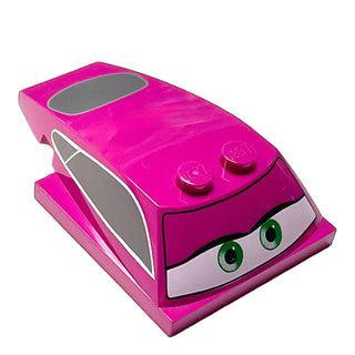 Wedge 6 x 4 x 1 1/3 with 4 x 4 Base with Green Eyes and Windows Pattern (Holley), Part# 93591pb02 Part LEGO® Magenta
