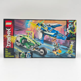 LEGO NINJAGO set 71709 box showing green and blue race cars with jet aircraft and minifigures on futuristic track scenery.
