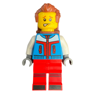 Tourist - Male, Dark Azure Jacket, Red Legs with Dark Red Stripes on Knees, Reddish Brown Swept Back Hair, Freckles, Backpack, hol330 Minifigure LEGO®