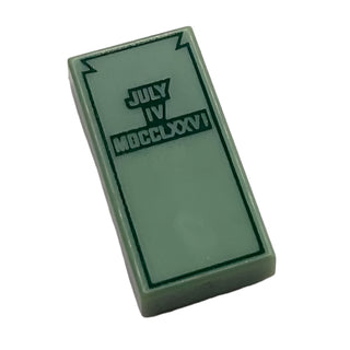 Tile 1x2 with Dark Green 'JULY IV MDCCLXXVI' Pattern, Part# 3069pb0183 Part LEGO® Sand Green