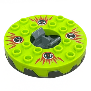 Turntable 6 x 6 x 1 1/3 Round Base Serrated with Lime Top and Red, White and Black Fangpyre Pattern, Part# 98318c02pb01
