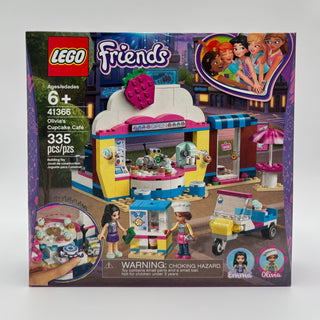 LEGO Friends Olivia's Cupcake Cafe set 41366 with colorful building pieces, minifigures, and accessories including a cafe sto