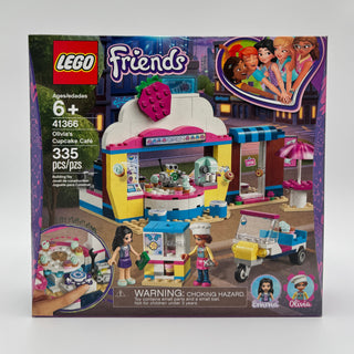 LEGO Friends Olivia's Cupcake Cafe set 41366 box with colorful cafe building, minifigures, and accessories.