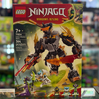 LEGO Ninjago Cole's Mission Mech set box featuring black and orange robot with weapons and minifigures.