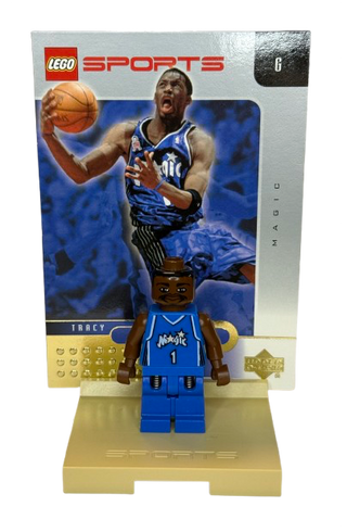 LEGO Sports basketball minifigure in blue Orlando Magic uniform with printed jersey and display backdrop.