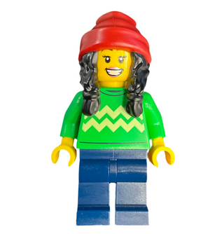 Holiday Shopper - Female, Bright Green Sweater with Bright Light Yellow Zigzag Lines, Dark Blue Legs, Dark Red Beanie with Black Hair, hol286 Minifigure LEGO®