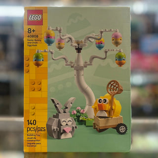 LEGO Easter Bunny and Chick Egg Hunt set 40808 with bunny figure, chick in cart, egg-holding tree stand, and 140 pieces.