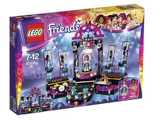 LEGO Friends Pop Star Show Stage set 41105 with purple stage, minifigures, and accessories.