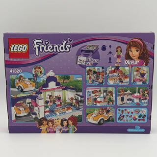 LEGO Friends set 41320 box showing frozen yogurt shop building, minifigures, yellow car, and accessories on purple packaging.