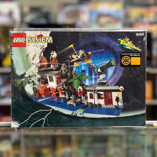 LEGO System 6494 box featuring time-travel themed set with spaceship, laboratory building, minifigures, and blue baseplate.