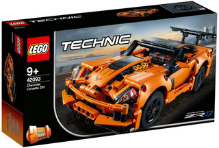 LEGO Technic set 42093 Chevrolet Corvette ZR1 empty box with orange sports car imagery and product details visible.