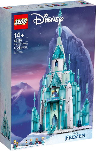 LEGO Disney The Ice Castle set 43197 empty box with turquoise and white castle illustration on purple background.