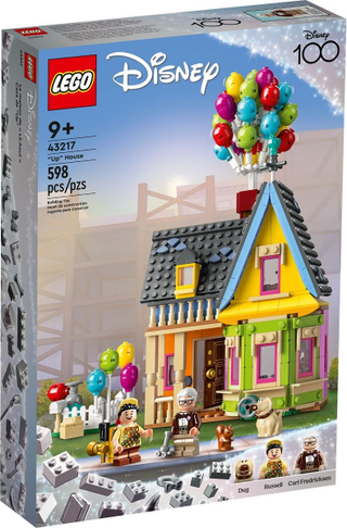 LEGO Disney 100 "Up House" set box featuring colorful house with balloons and minifigures.