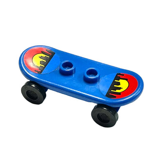 Minifigure, Utensil Skateboard Deck with City Skyline Sunset Pattern (Stickers) with Black Wheels (42511pb01 / 2496), Part# 42511c01pb01 Part LEGO® Blue