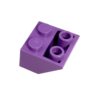 Purple inverted 45-degree slope brick with two studs on top and two pin holes on the angled side.