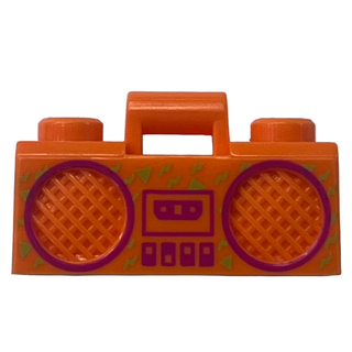 Minifigure, Utensil Radio Boom Box with Bar Handle with Magenta Cassette Player, Switches and Rimmed Speakers, Lime Zig Zags and Triangles Pattern, Part# 93221pb05 Part LEGO®