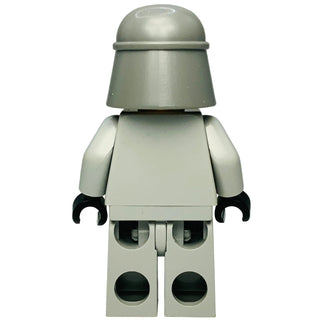 LEGO minifigure in gray AT-ST pilot outfit with dome helmet, black hands, and printed leg details.