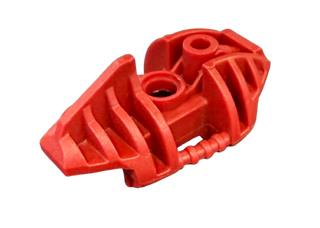 Red Bionicle Piraka leg upper section cover with ribbed details and connection ports.