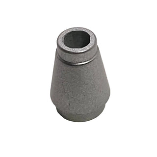 Gray cone-shaped plastic part with circular opening at top and horizontal groove near rim.
