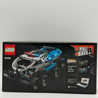 LEGO Technic Getaway Truck set 42090 box showing blue and silver buildable truck with pull-back motor feature.