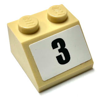 Slope 45 2 x 2 with Black Number 3 on White Background Pattern (Sticker), Part# 3039pb129 Part LEGO® Tan