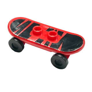 Minifigure, Utensil Skateboard Deck with Black Zebra Stripes Pattern (Sticker) with Black Wheels (42511pb10 / 2496), Part# 42511c01pb10 Part LEGO® Red Very Good