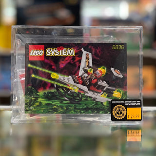 LEGO System 6835 V-Wing Fighter set in clear plastic case with original box showing red and white spacecraft with yellow acce