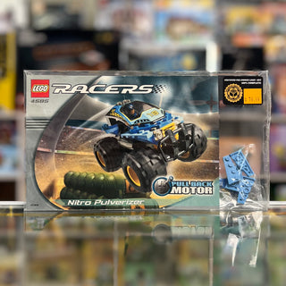 LEGO Racers Nitro Pulverizer set 4585 in clear packaging with blue and white race car and large black tires visible.