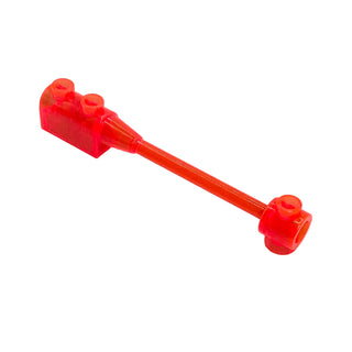 Red LEGO bar element with curved brick top on left end and cylindrical connector on right end.