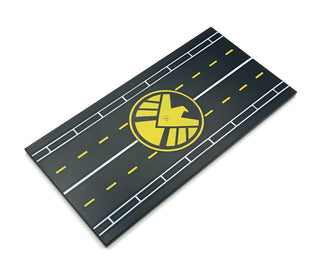 Tile 8x16 with Bottom Tubes with Runway Pattern and Shield Logo Pattern, Part# 90498pb02 Part LEGO® Black  