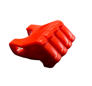 Red plastic fist piece with four fingers and axle hole connection point.