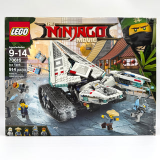LEGO Ninjago Movie Ice Tank set 70616 with white tracked vehicle, minifigures, and accessories on display box.