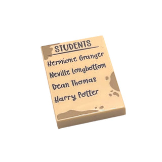 Tile 2 x 3 with Dark Tan Dirt Marks and Hogwarts Student List Pattern, Part# 26603pb394 Part LEGO® Tan Very Good