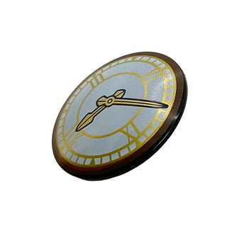 Minifigure, Shield Circular/Round Convex Face with Clock with Gold Hands and Roman Numerals Pattern, Part# 75902pb11 Part LEGO®