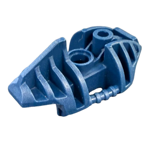 Blue Bionicle Piraka leg armor piece with ridged design and attachment holes.